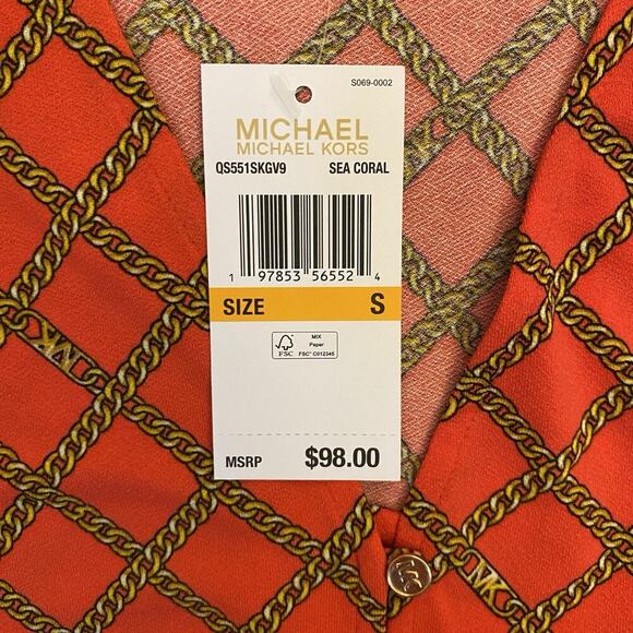 Michael Kors Women's Blouse Sea Coral Short Sleeves V-Neck Top Size S - NWT $98 - Picture 12 of 14